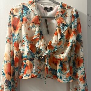 Brand New Lulu's Floral Ruffle Women's Top - Orange and Blue